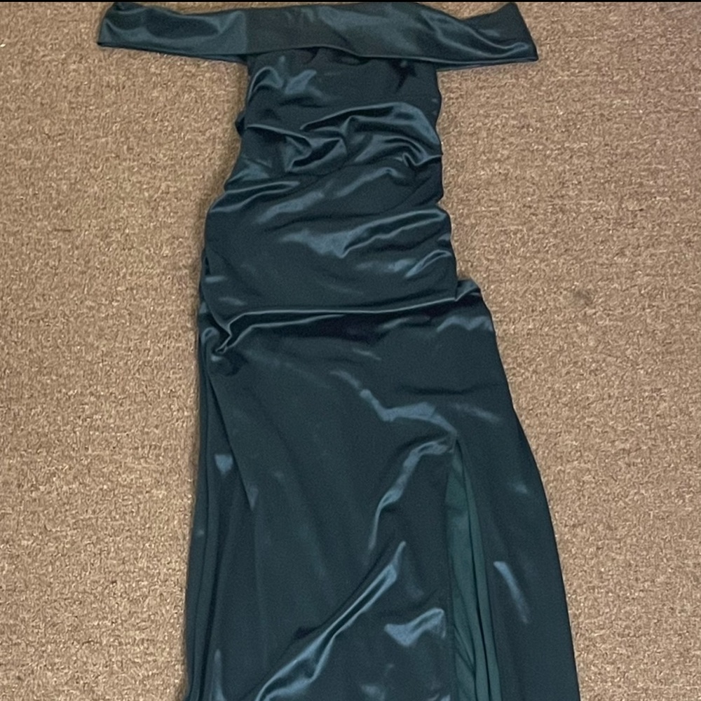 Emerald green, off the shoulder, floor length formal dress.